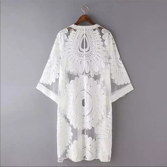 White Boho Floral Lace Kimono Beach Coverup - Picture 10 of 13
